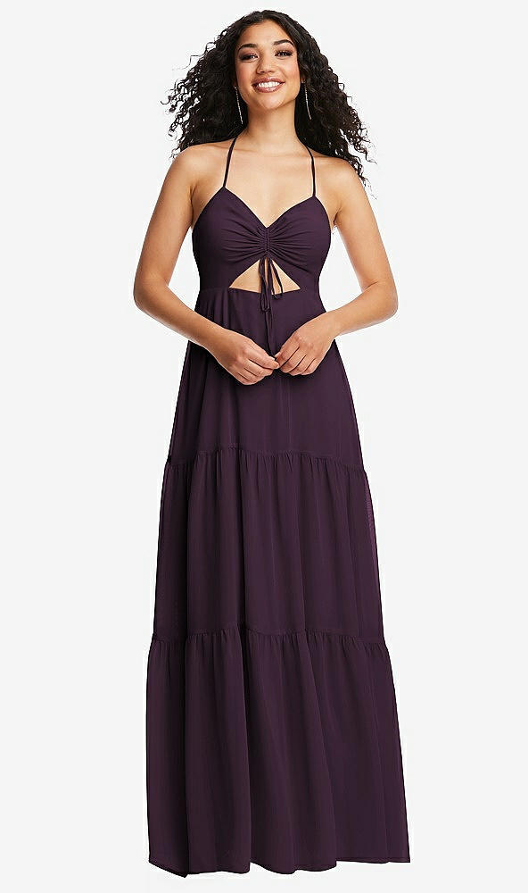 Front View - Aubergine Drawstring Bodice Gathered Tie Open-Back Maxi Dress with Tiered Skirt