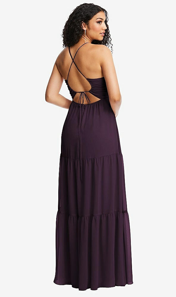 Back View - Aubergine Drawstring Bodice Gathered Tie Open-Back Maxi Dress with Tiered Skirt