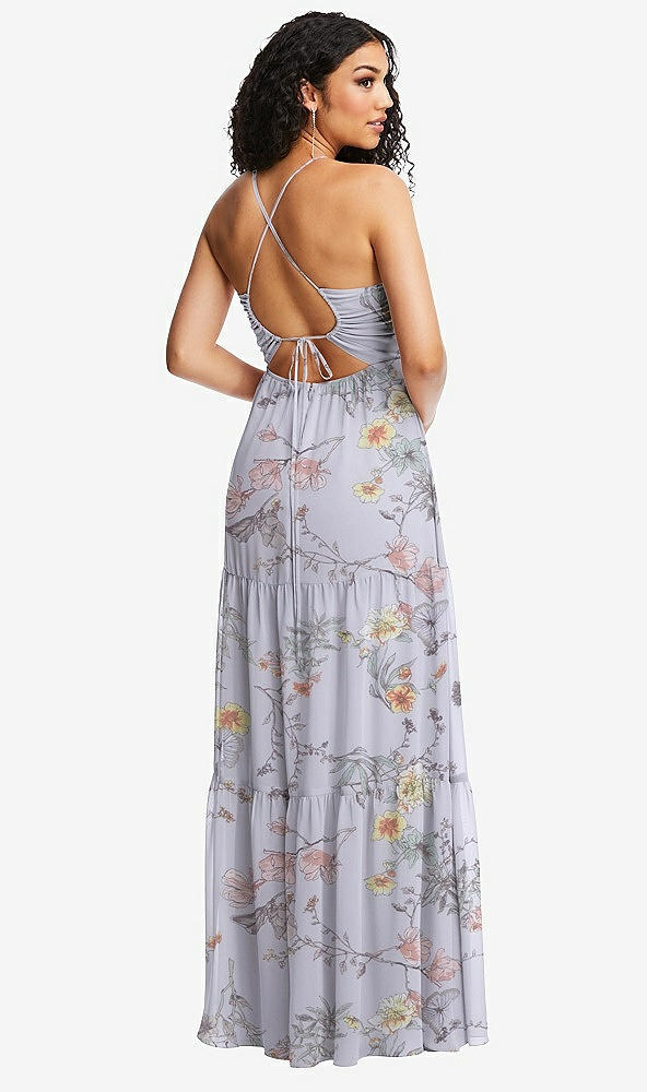 Back View - Butterfly Botanica Silver Dove Drawstring Bodice Gathered Tie Open-Back Maxi Dress with Tiered Skirt