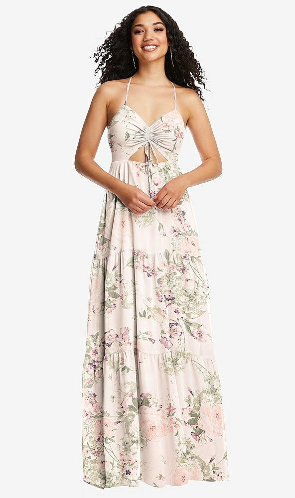 Front View - Blush Garden Drawstring Bodice Gathered Tie Open-Back Maxi Dress with Tiered Skirt
