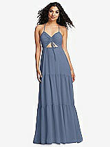 Alt View 2 Thumbnail - Larkspur Blue Drawstring Bodice Gathered Tie Open-Back Maxi Dress with Tiered Skirt