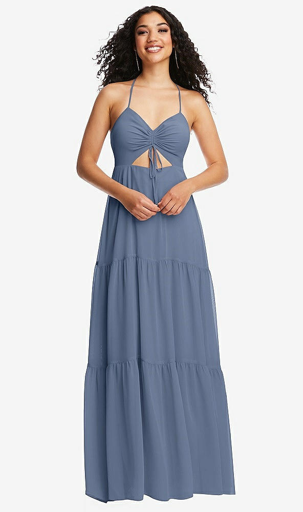 Front View - Larkspur Blue Drawstring Bodice Gathered Tie Open-Back Maxi Dress with Tiered Skirt