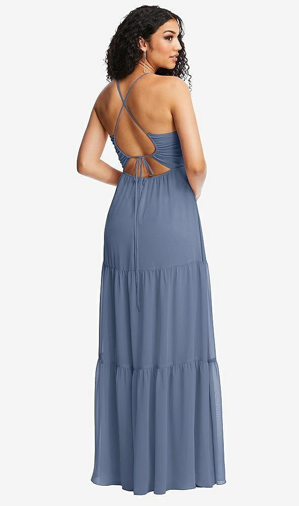Back View - Larkspur Blue Drawstring Bodice Gathered Tie Open-Back Maxi Dress with Tiered Skirt
