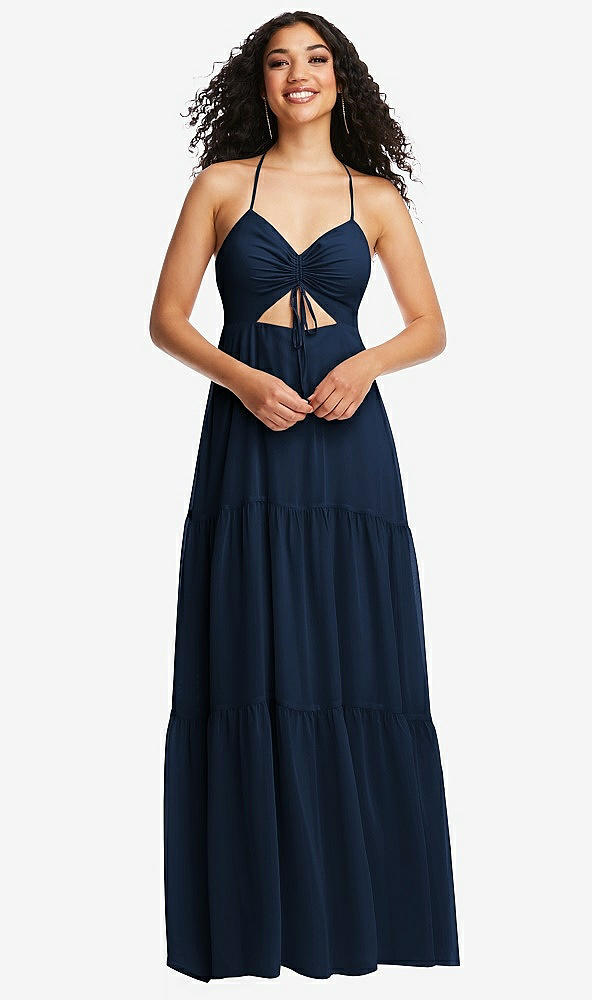 Front View - Midnight Navy Drawstring Bodice Gathered Tie Open-Back Maxi Dress with Tiered Skirt