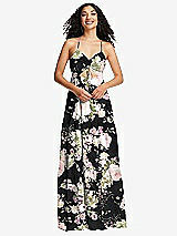 Front View Thumbnail - Noir Garden Drawstring Bodice Gathered Tie Open-Back Maxi Dress with Tiered Skirt