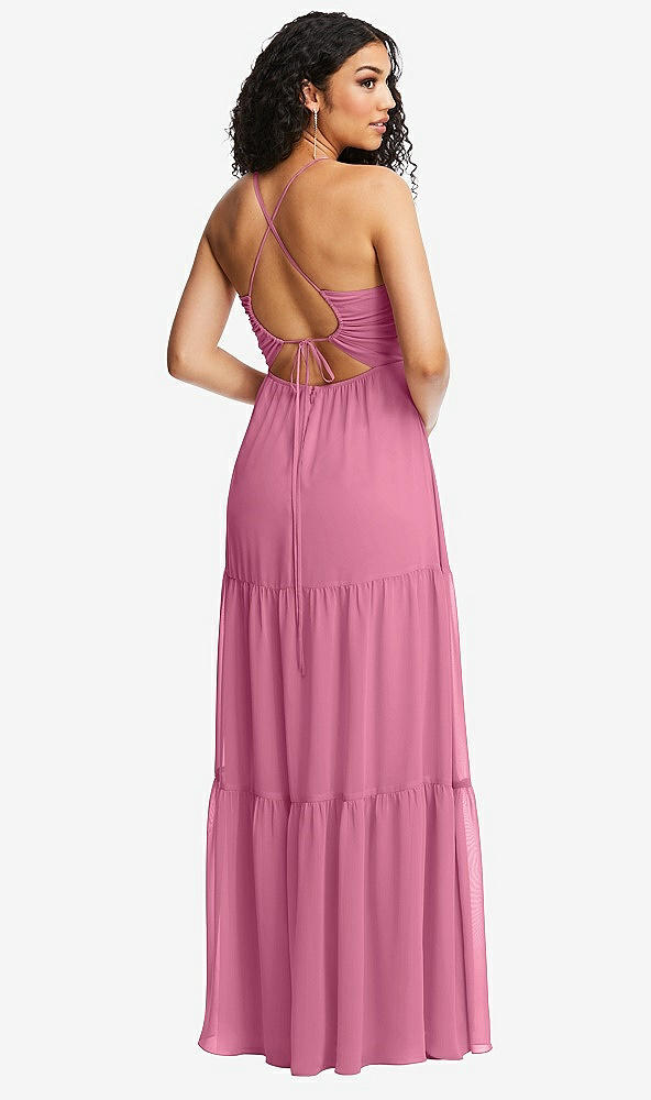 Back View - Orchid Pink Drawstring Bodice Gathered Tie Open-Back Maxi Dress with Tiered Skirt