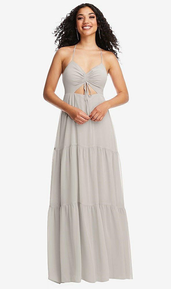 Front View - Oyster Drawstring Bodice Gathered Tie Open-Back Maxi Dress with Tiered Skirt