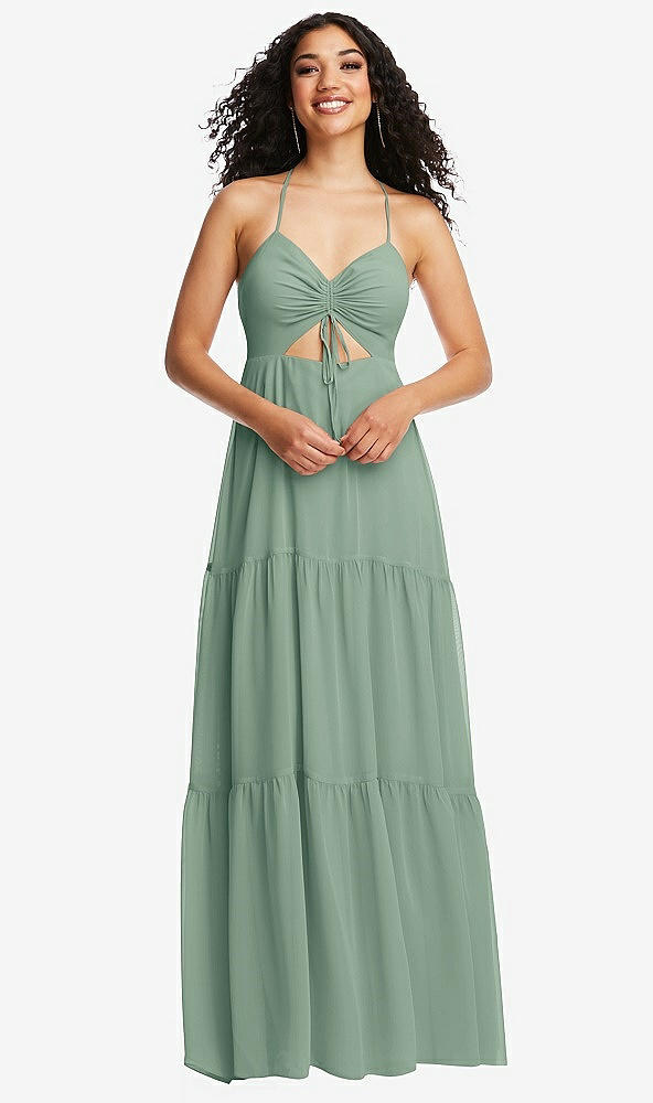 Front View - Seagrass Drawstring Bodice Gathered Tie Open-Back Maxi Dress with Tiered Skirt