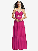 Front View Thumbnail - Think Pink Drawstring Bodice Gathered Tie Open-Back Maxi Dress with Tiered Skirt