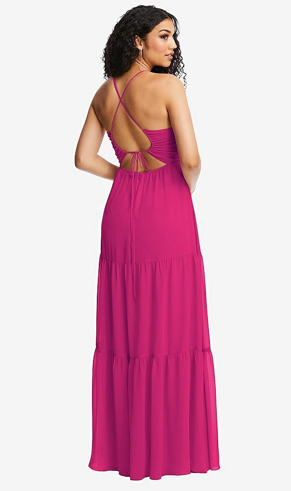Back View - Think Pink Drawstring Bodice Gathered Tie Open-Back Maxi Dress with Tiered Skirt