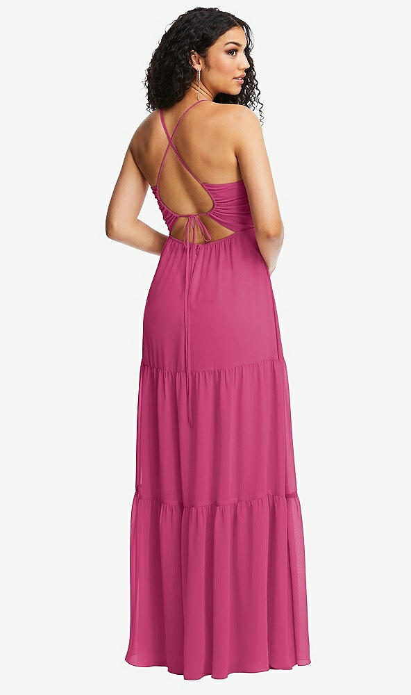 Back View - Tea Rose Drawstring Bodice Gathered Tie Open-Back Maxi Dress with Tiered Skirt