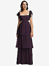 Front View Thumbnail - Aubergine Flutter Sleeve Cutout Tie-Back Maxi Dress with Tiered Ruffle Skirt
