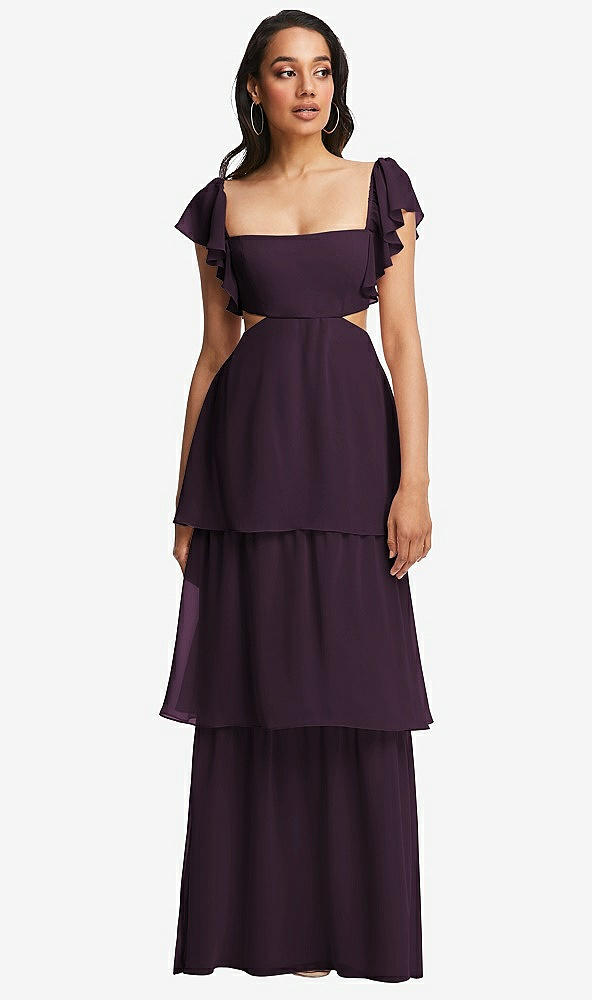 Front View - Aubergine Flutter Sleeve Cutout Tie-Back Maxi Dress with Tiered Ruffle Skirt