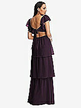Rear View Thumbnail - Aubergine Flutter Sleeve Cutout Tie-Back Maxi Dress with Tiered Ruffle Skirt