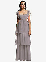 Front View Thumbnail - Cashmere Gray Flutter Sleeve Cutout Tie-Back Maxi Dress with Tiered Ruffle Skirt
