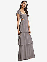 Side View Thumbnail - Cashmere Gray Flutter Sleeve Cutout Tie-Back Maxi Dress with Tiered Ruffle Skirt