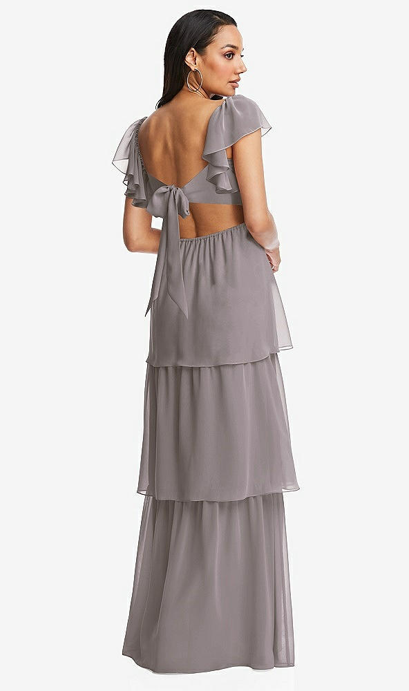 Back View - Cashmere Gray Flutter Sleeve Cutout Tie-Back Maxi Dress with Tiered Ruffle Skirt