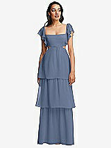 Front View Thumbnail - Larkspur Blue Flutter Sleeve Cutout Tie-Back Maxi Dress with Tiered Ruffle Skirt