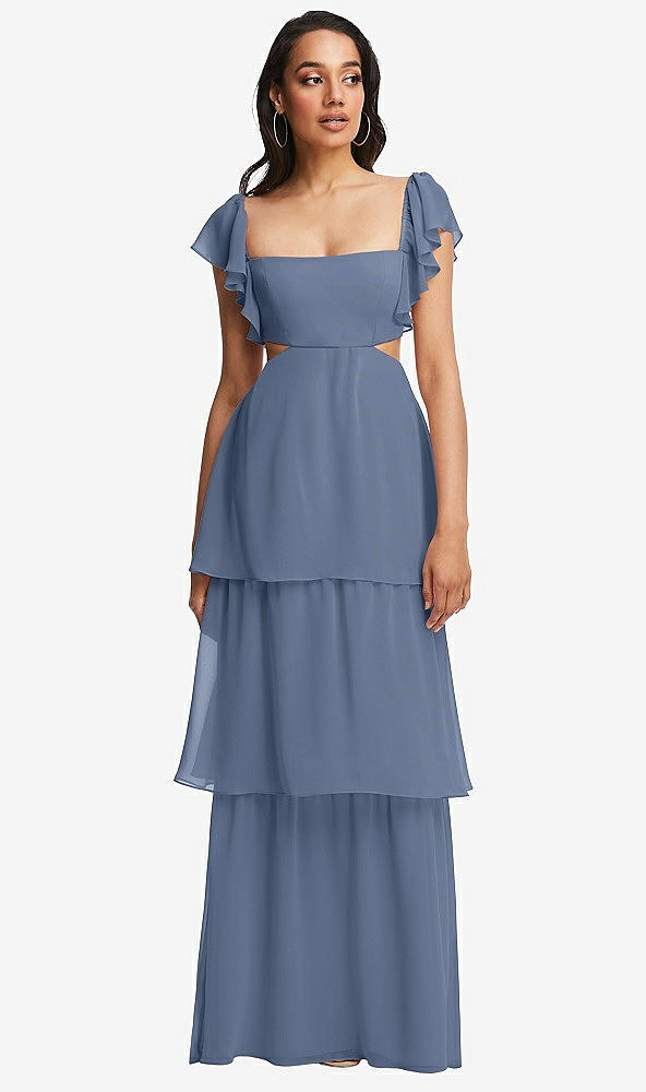 Front View - Larkspur Blue Flutter Sleeve Cutout Tie-Back Maxi Dress with Tiered Ruffle Skirt