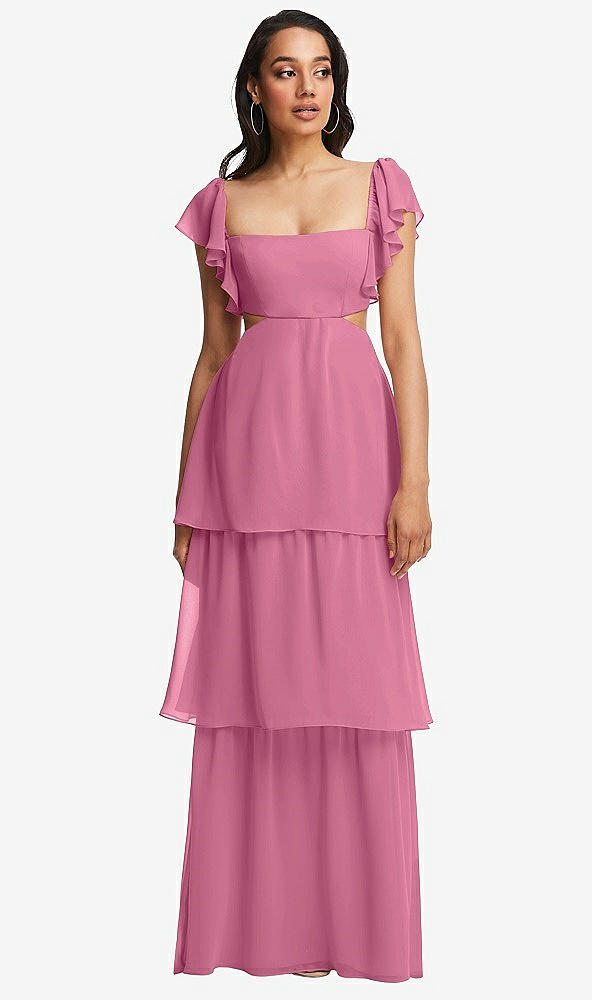 Front View - Orchid Pink Flutter Sleeve Cutout Tie-Back Maxi Dress with Tiered Ruffle Skirt