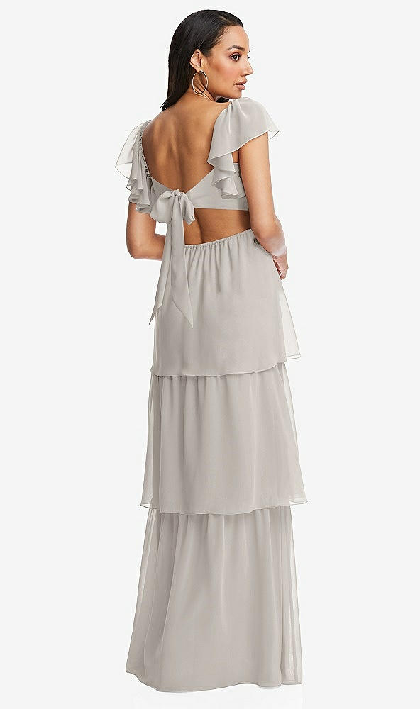 Back View - Oyster Flutter Sleeve Cutout Tie-Back Maxi Dress with Tiered Ruffle Skirt