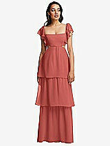 Front View Thumbnail - Coral Pink Flutter Sleeve Cutout Tie-Back Maxi Dress with Tiered Ruffle Skirt