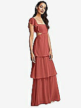 Side View Thumbnail - Coral Pink Flutter Sleeve Cutout Tie-Back Maxi Dress with Tiered Ruffle Skirt