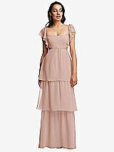 Front View Thumbnail - Toasted Sugar Flutter Sleeve Cutout Tie-Back Maxi Dress with Tiered Ruffle Skirt