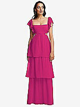 Front View Thumbnail - Think Pink Flutter Sleeve Cutout Tie-Back Maxi Dress with Tiered Ruffle Skirt