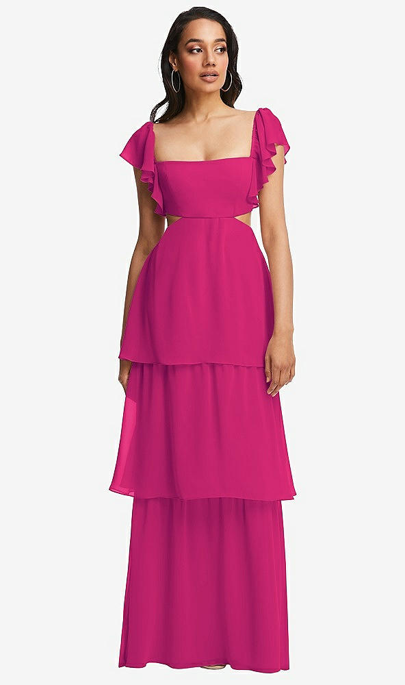 Front View - Think Pink Flutter Sleeve Cutout Tie-Back Maxi Dress with Tiered Ruffle Skirt