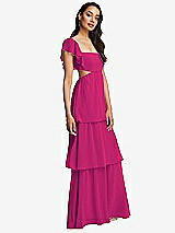Side View Thumbnail - Think Pink Flutter Sleeve Cutout Tie-Back Maxi Dress with Tiered Ruffle Skirt