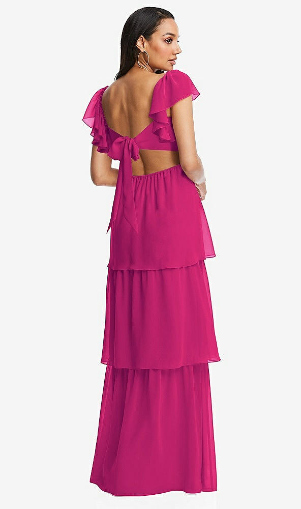 Back View - Think Pink Flutter Sleeve Cutout Tie-Back Maxi Dress with Tiered Ruffle Skirt