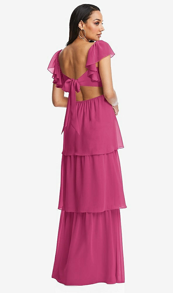 Back View - Tea Rose Flutter Sleeve Cutout Tie-Back Maxi Dress with Tiered Ruffle Skirt