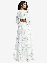Rear View Thumbnail - Bleu Garden Long Puff Sleeve Cutout Waist Chiffon Maxi Dress 