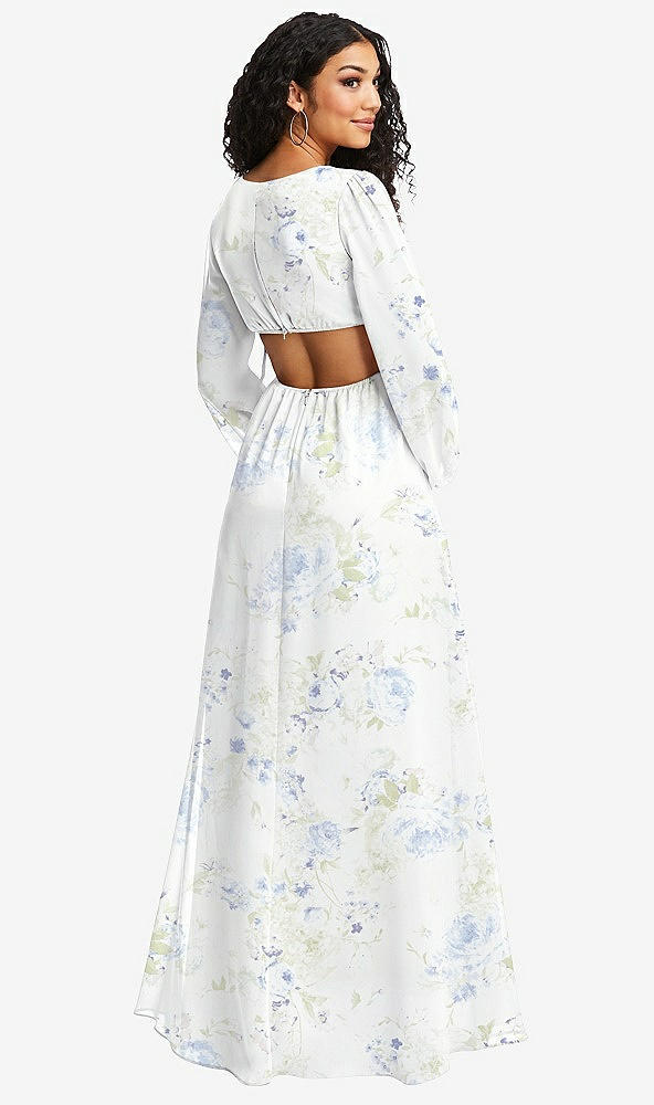 Back View - Bleu Garden Long Puff Sleeve Cutout Waist Chiffon Maxi Dress 