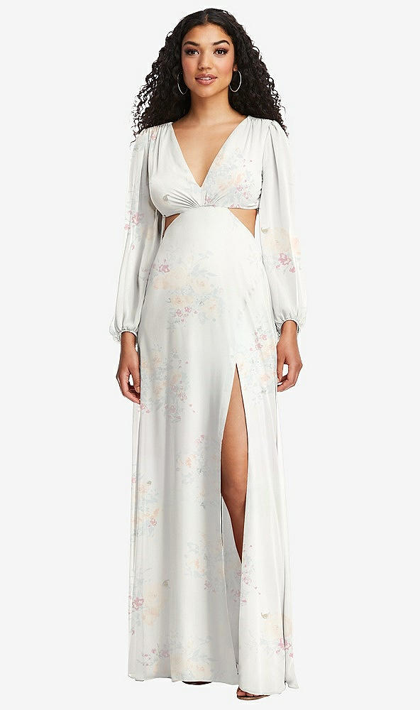 Front View - Spring Fling Long Puff Sleeve Cutout Waist Chiffon Maxi Dress 
