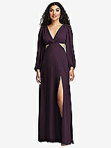 Front View Thumbnail - Aubergine Long Puff Sleeve Cutout Waist Chiffon Maxi Dress 