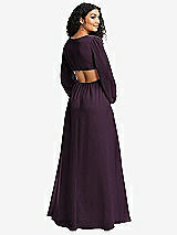 Rear View Thumbnail - Aubergine Long Puff Sleeve Cutout Waist Chiffon Maxi Dress 