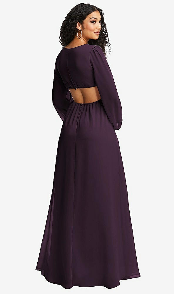 Back View - Aubergine Long Puff Sleeve Cutout Waist Chiffon Maxi Dress 