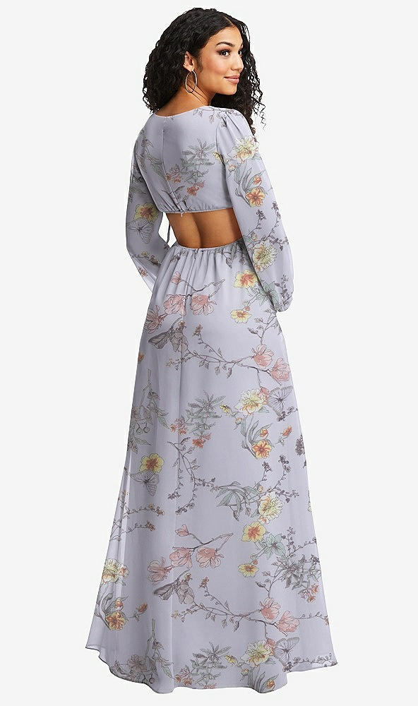 Back View - Butterfly Botanica Silver Dove Long Puff Sleeve Cutout Waist Chiffon Maxi Dress 