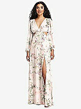 Front View Thumbnail - Blush Garden Long Puff Sleeve Cutout Waist Chiffon Maxi Dress 