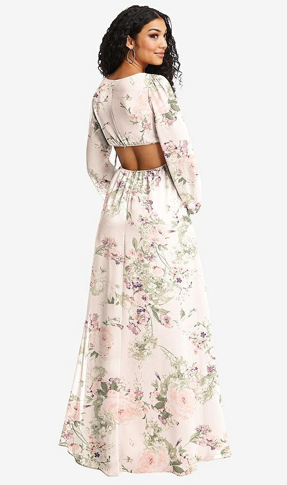 Back View - Blush Garden Long Puff Sleeve Cutout Waist Chiffon Maxi Dress 