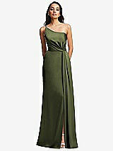 Front View Thumbnail - Olive Green One-Shoulder Draped Skirt Satin Trumpet Gown
