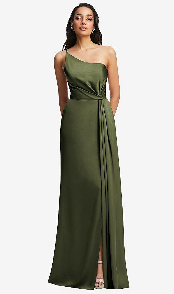 Front View - Olive Green One-Shoulder Draped Skirt Satin Trumpet Gown