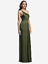 Side View Thumbnail - Olive Green One-Shoulder Draped Skirt Satin Trumpet Gown