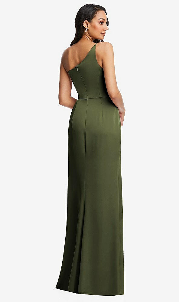 Back View - Olive Green One-Shoulder Draped Skirt Satin Trumpet Gown