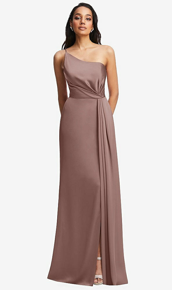Front View - Sienna One-Shoulder Draped Skirt Satin Trumpet Gown