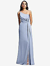 Front View Thumbnail - Sky Blue One-Shoulder Draped Skirt Satin Trumpet Gown