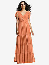 Front View Thumbnail - Sweet Melon Bow-Shoulder Faux Wrap Maxi Dress with Tiered Skirt