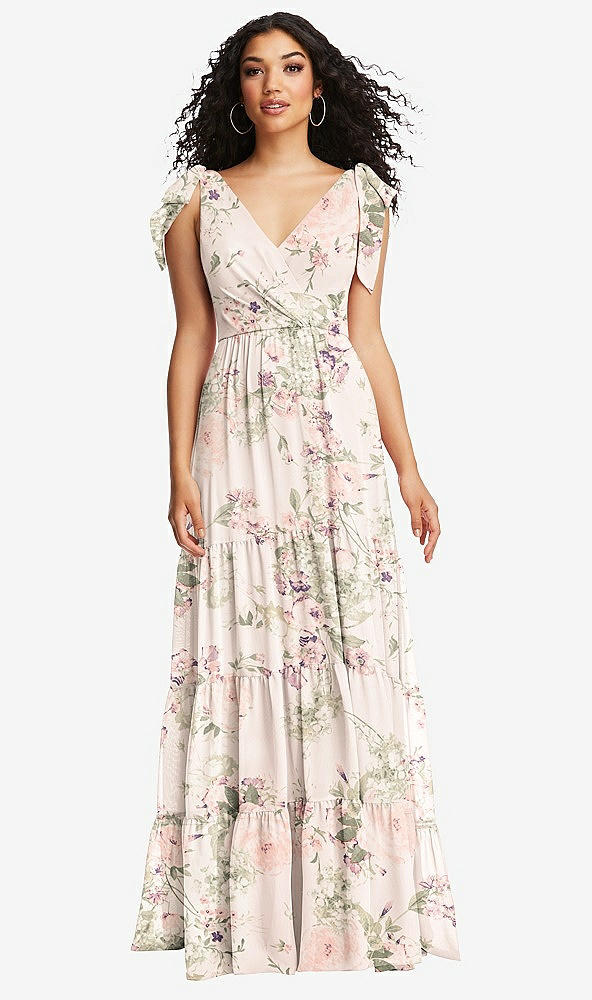 Front View - Blush Garden Bow-Shoulder Faux Wrap Maxi Dress with Tiered Skirt